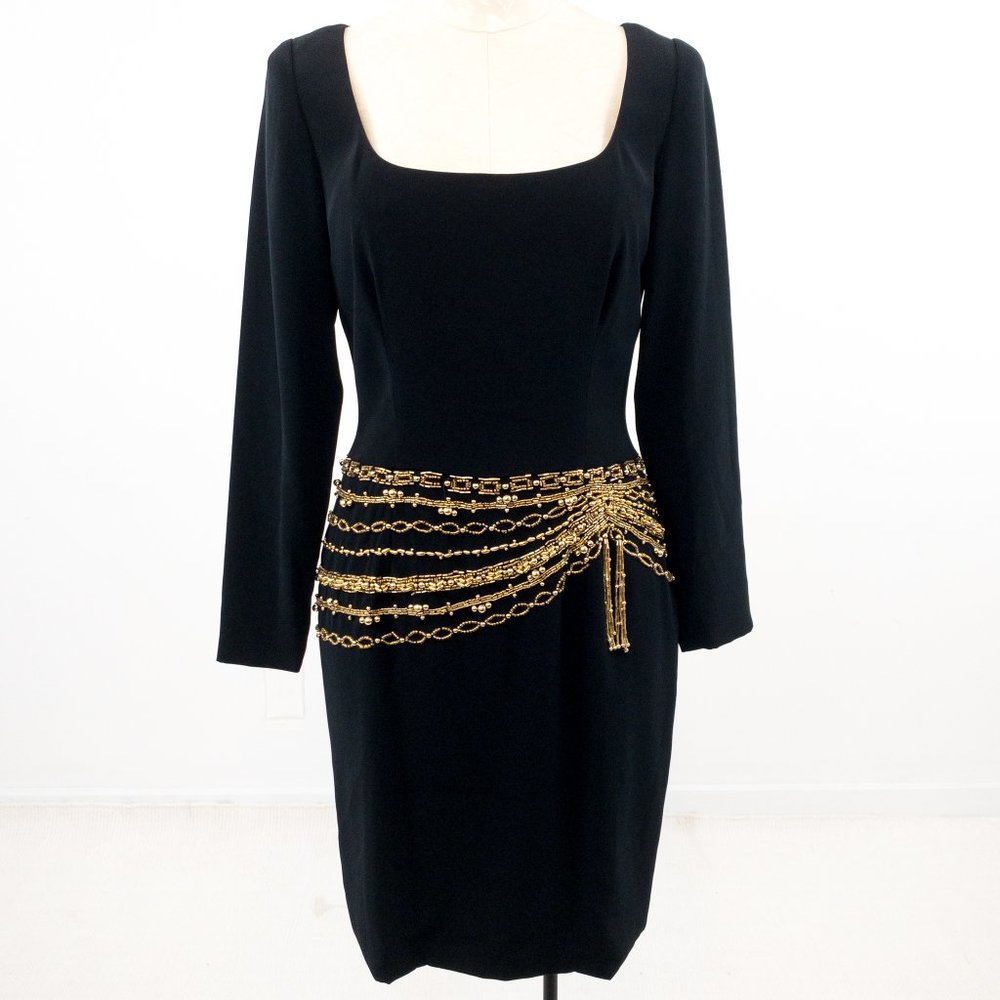 Vintage 90s 6 Mobwife Dress Beaded Belt Long Sleeve Sheath Mini Black